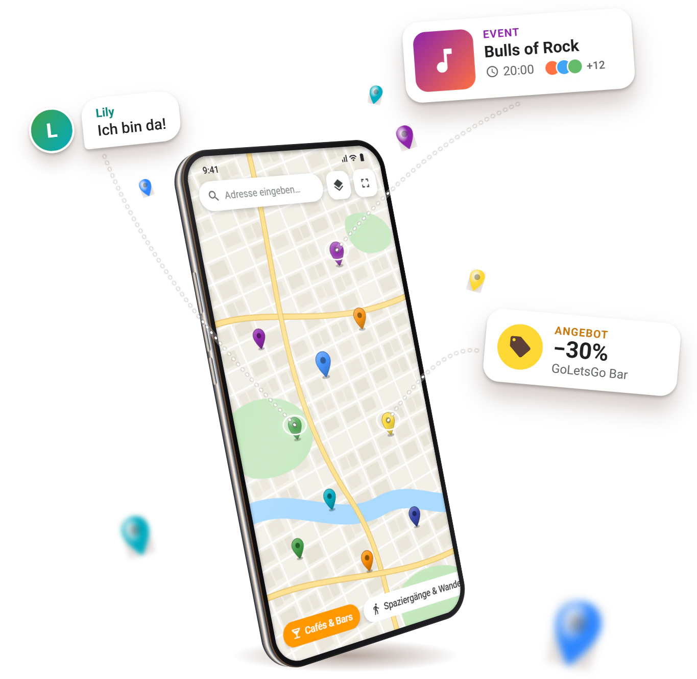 Die GoLetsGo-Karte auf einem Smartphone mit Markern für Treffen und Events