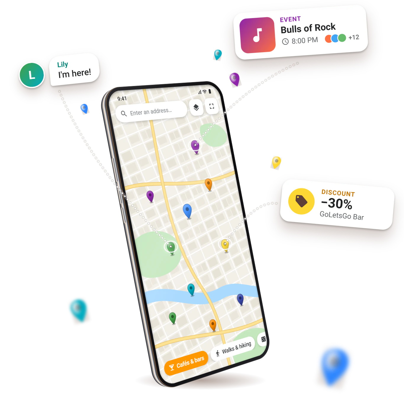 The GoLetsGo map on a phone with meetup and event markers
