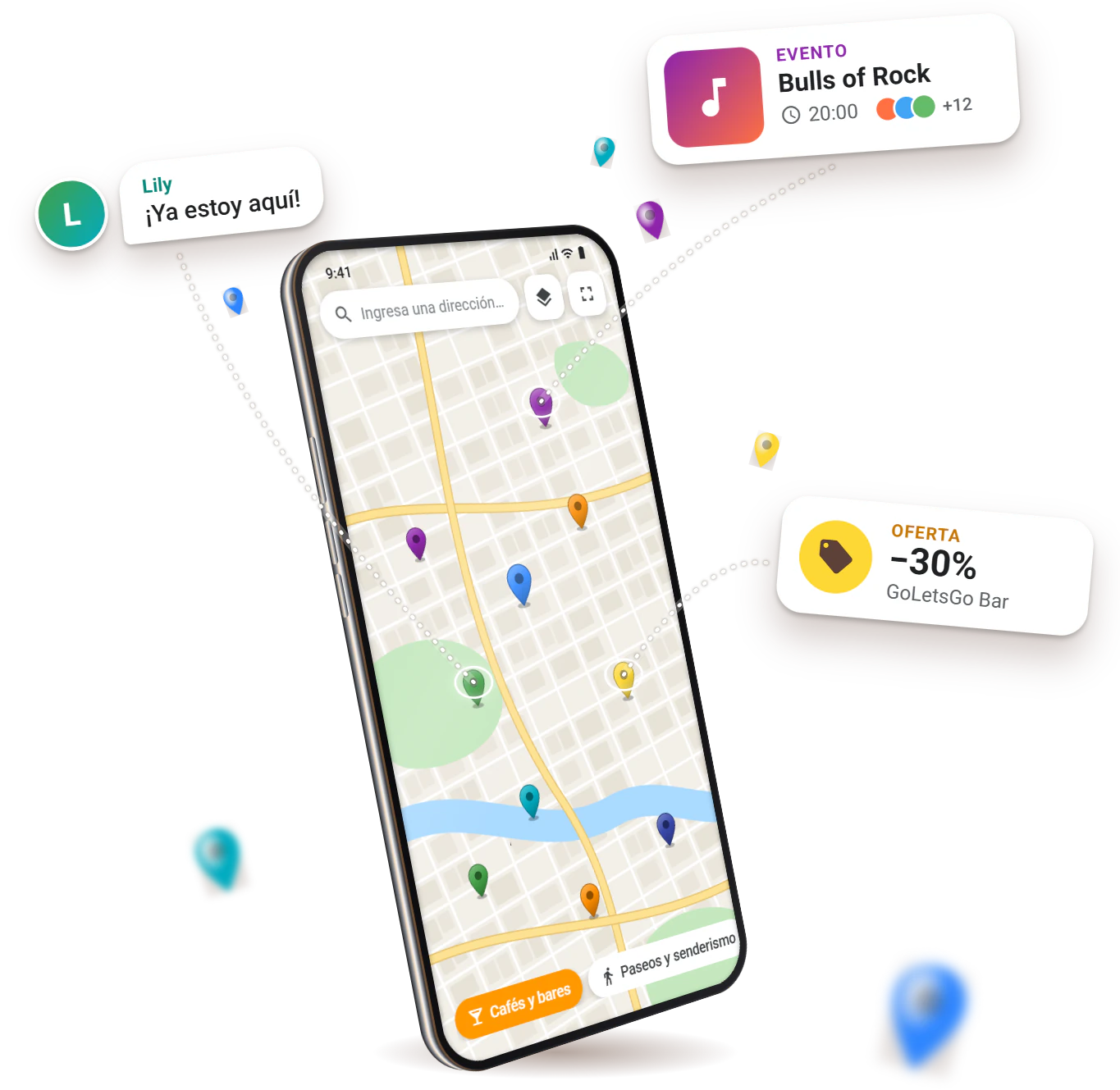 El mapa de GoLetsGo en un móvil con marcadores de encuentros y eventos