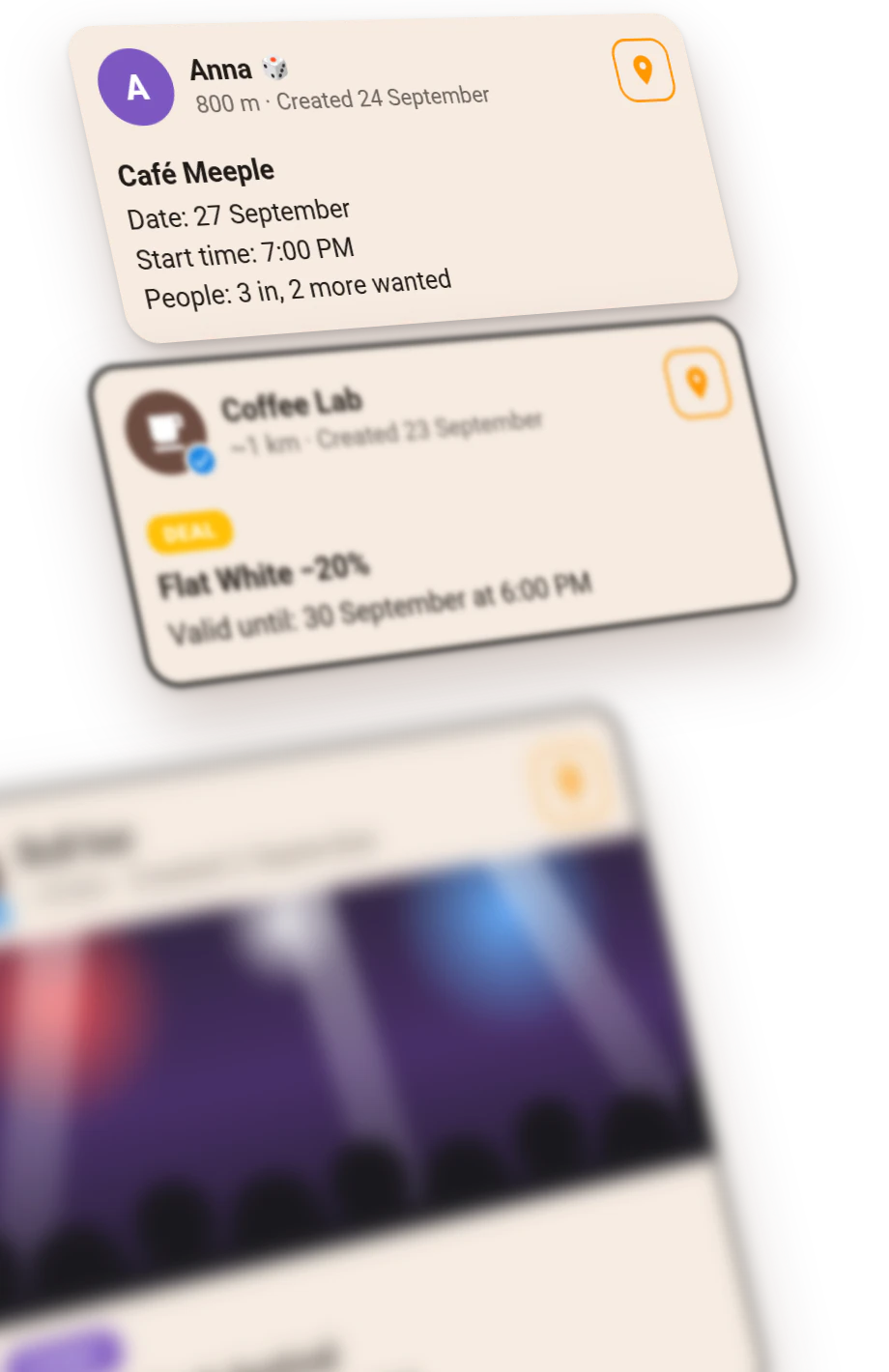 The GoLetsGo feed: people's meetups and venue offers