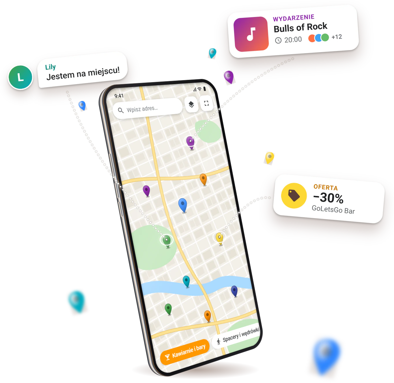 Mapa GoLetsGo na telefonie ze znacznikami spotkań i wydarzeń